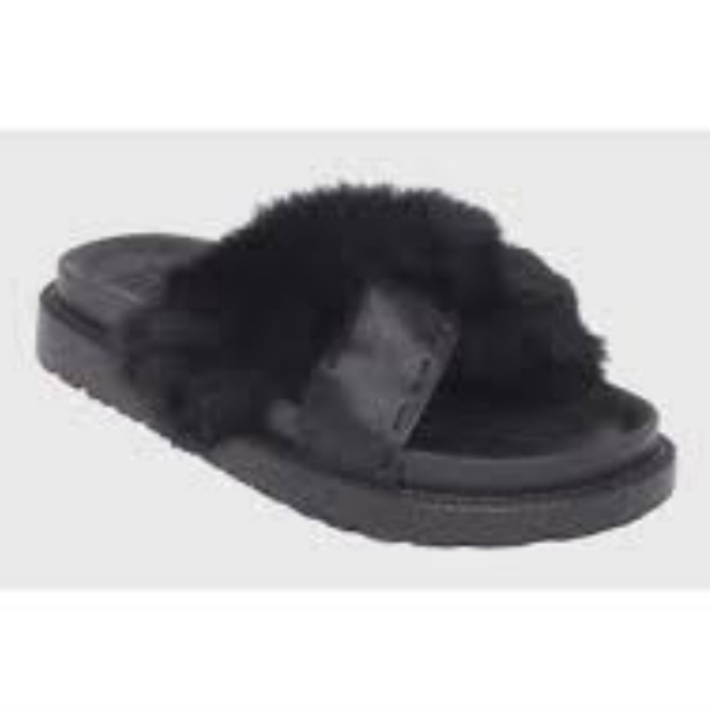 NEW! Black Faux Fur/Leather Slide Sandals